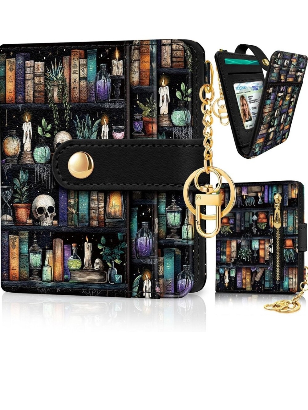 Mystic Bookshelf Pattern Wallet Phone Case with Keychain - Black